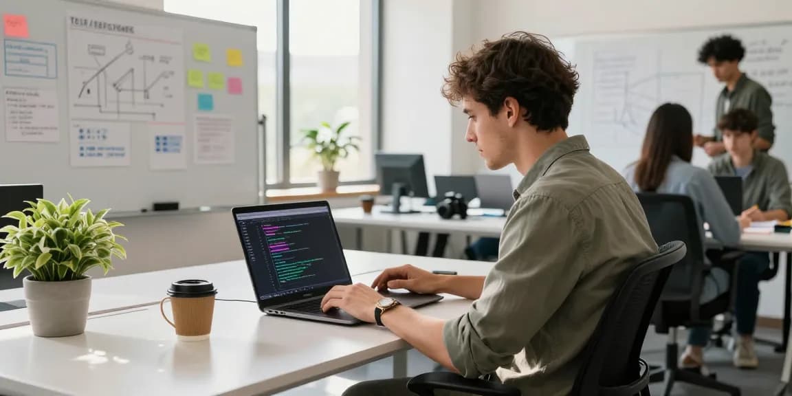 Engineer coding software to build internal tools with AI in a modern office setting.