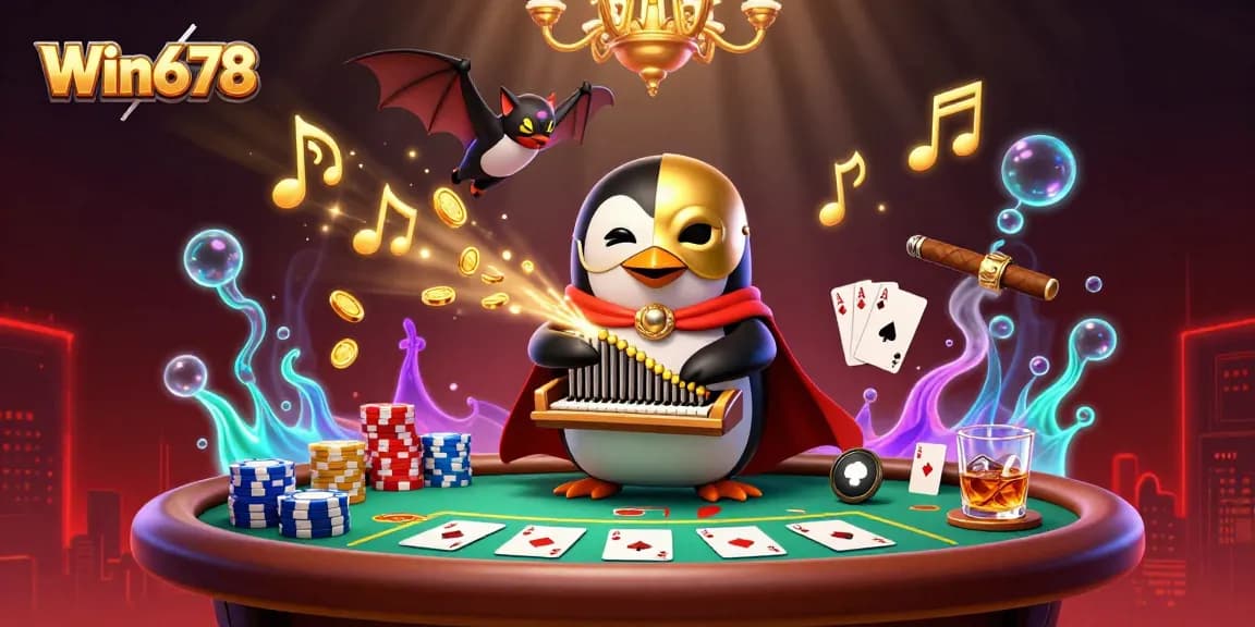 Win678 offers a thrilling gaming experience with cartoon characters in a dynamic casino scene.