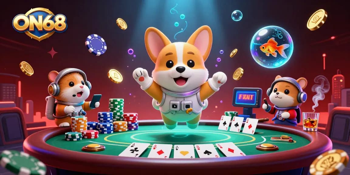 Join the excitement at ON68 with fun-loving characters in a dynamic casino gaming scene.