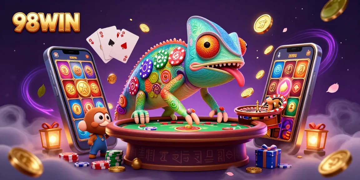 Experience the thrill of 98WIN with dynamic 3D characters and vibrant casino elements.