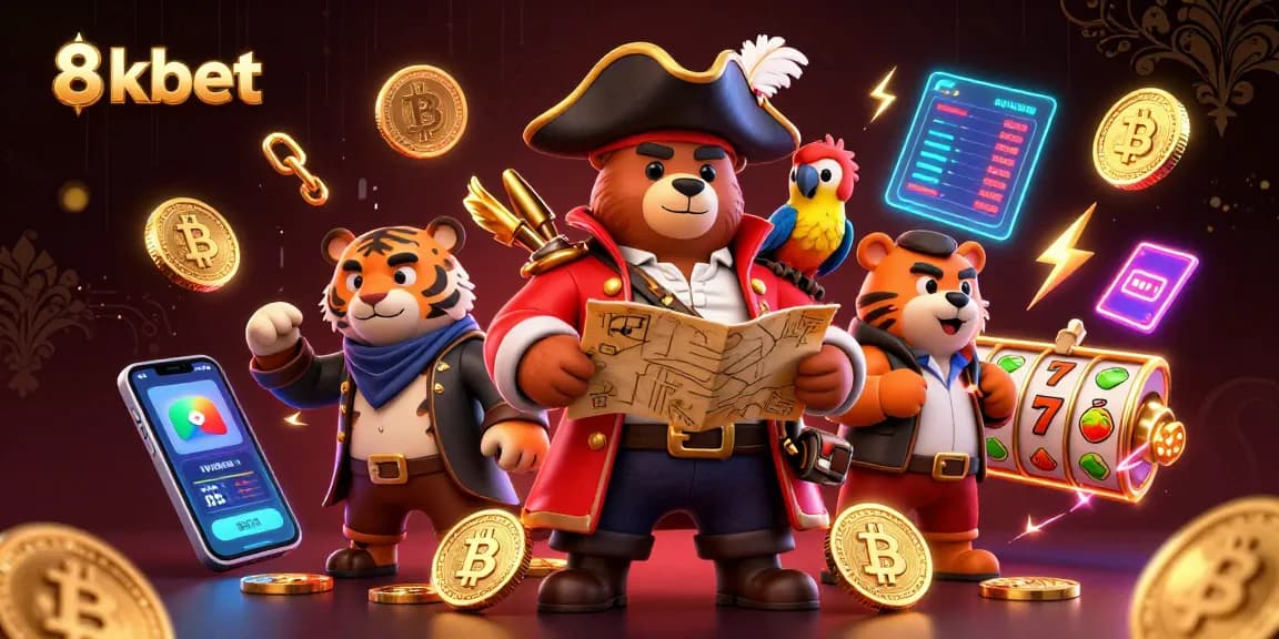 Engage in thrilling slots adventures with 8xbet featuring a 3D pirate bear, tiger, and vibrant crypto elements.