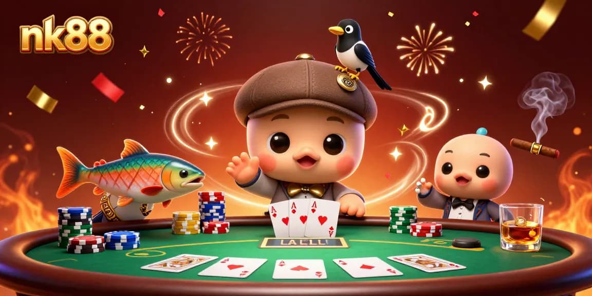 Engage in thrilling gaming action with nk88's vibrant 3D illustration featuring Nessie at a poker table.