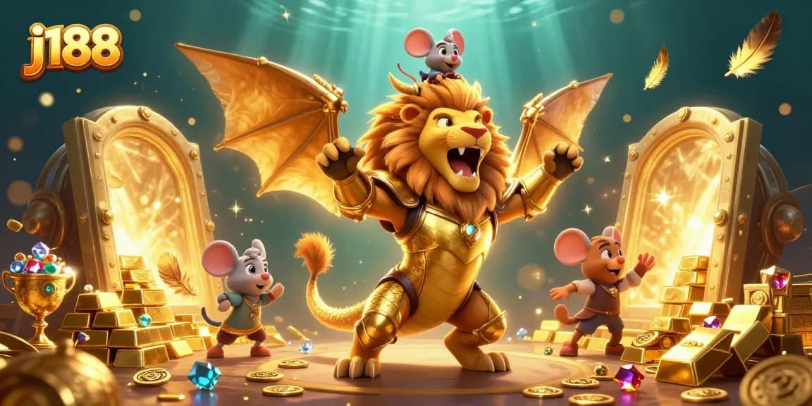 Experience the thrill of j188 with a victorious chimera and treasures in a stunning 3D scene.