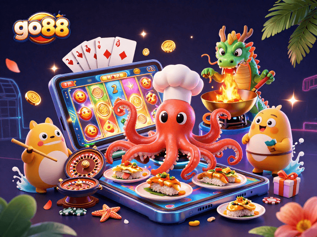 Experience go88's vibrant casino atmosphere with an octopus chef, dragon, and tanuki amidst dynamic gaming elements.