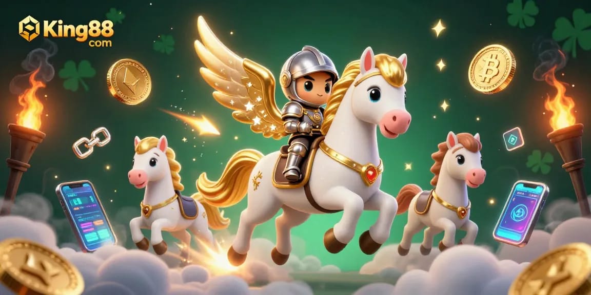 Experience the thrill at King88 com with a knight riding a celestial horse amidst glowing cryptocurrency and gaming elements.