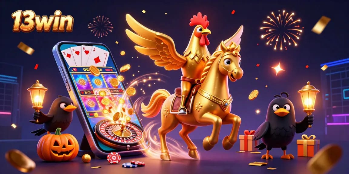 Experience thrilling gameplay at 13win, featuring a festive casino scene with vibrant slot games and magical elements.