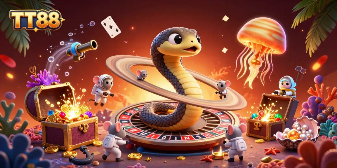 TT88 offers a dynamic gambling experience with astronaut mice betting on roulette around Saturn.