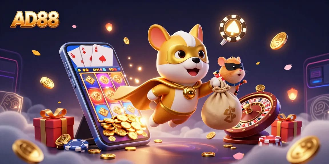 Experience the thrilling world of AD88 with a superhero dog and sidekick amidst vibrant casino action.
