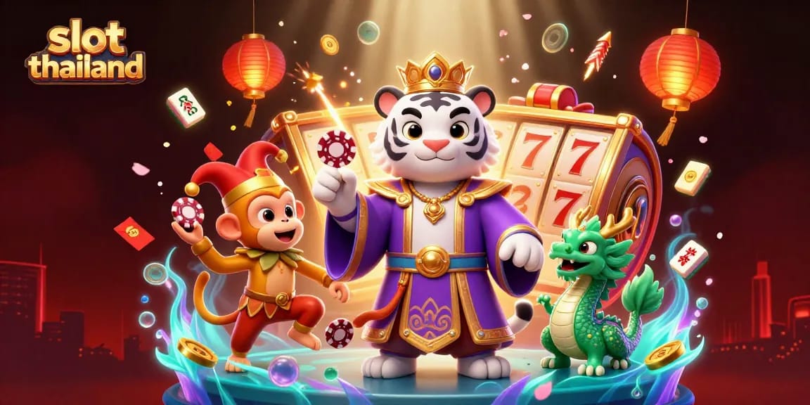 Engage in thrilling slot thailand adventures with a lively scene of a royal tiger and jester monkey.