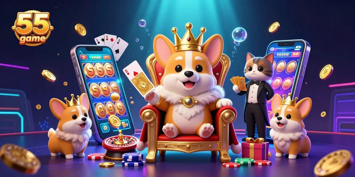Experience the thrill of the 55 club game with vibrant corgis and dynamic casino elements.