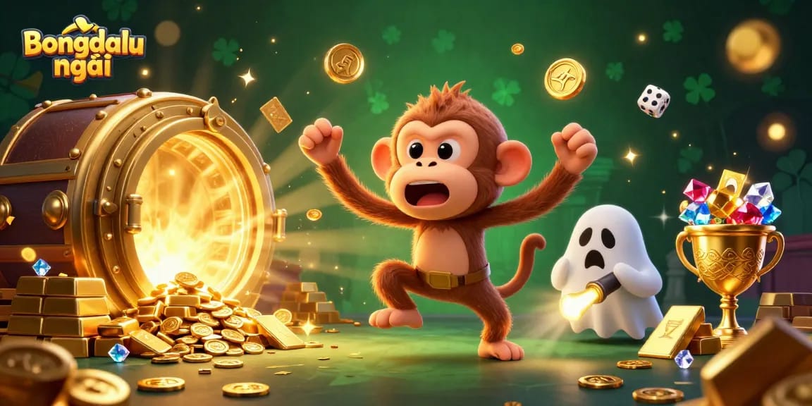 Experience Bongdalu mới with golden coins and gems in a vibrant haunted casino scene.