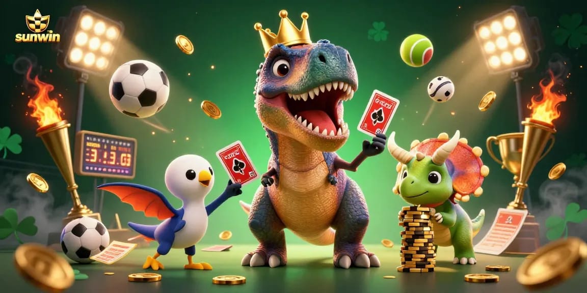 Experience fun betting action with sunwin as a T-Rex plays cards with sports elements flying around.