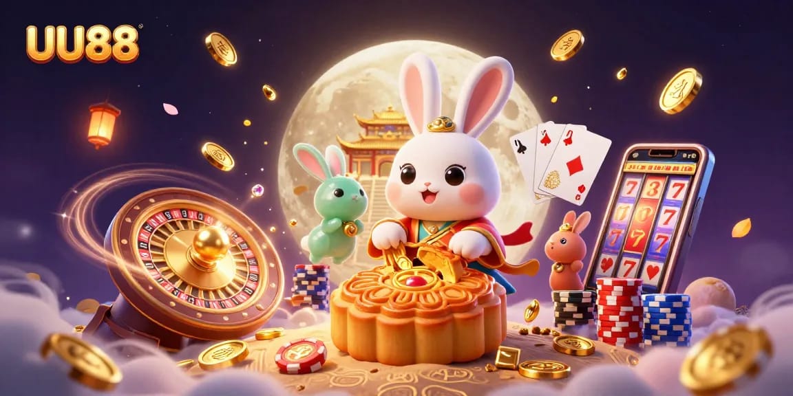 Experience thrills at UU88 with a vibrant 3D illustration of the moon rabbit amidst cascading treasures and casino excitement.