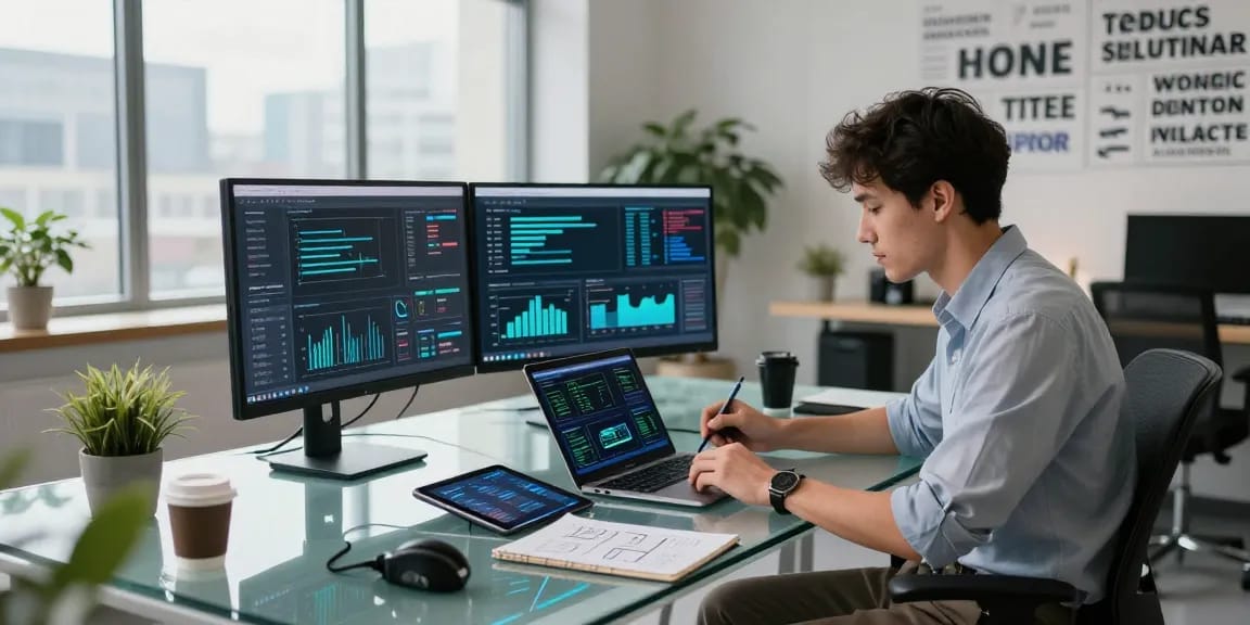 Young professional using an AI laptop in a modern tech workspace with dual monitors.