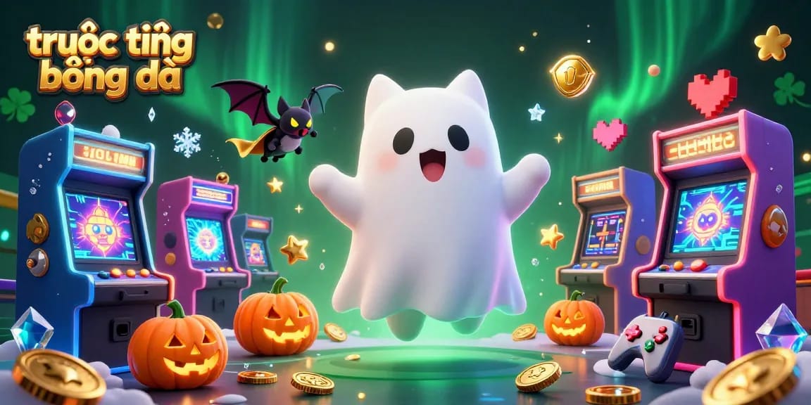 Bet on trực tiếp bóng đá with dynamic characters in a lively casino scene, featuring ghostly fun and colorful game elements.