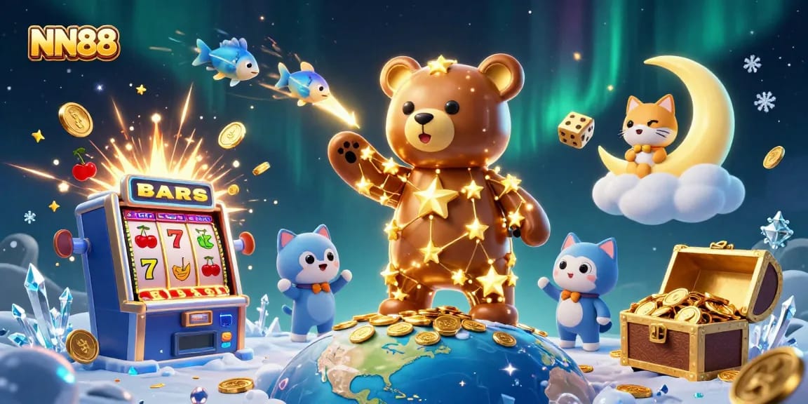 Experience the thrill at NN88, where a constellation bear delights in a jackpot explosion while winning coins.