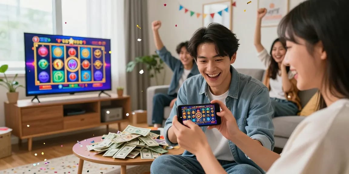 Situs slot deposit 10 ribu celebration scene with a joyful player winning on their smartphone, surrounded by cash and festive decor.