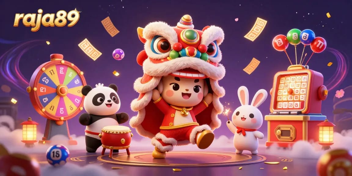 Engage with raja89 through a vibrant 3D scene featuring a dynamic lion dance with lottery elements.