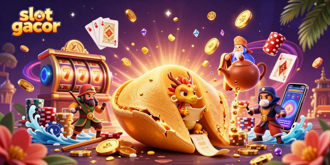 Engage with slot gacor's vibrant 3D scene showcasing thrilling slot games and golden fortunes.