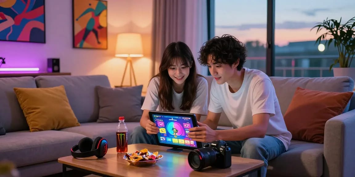 Two gamers enjoying a game hentai on a tablet in a cozy living room, surrounded by colorful gaming elements and snacks.