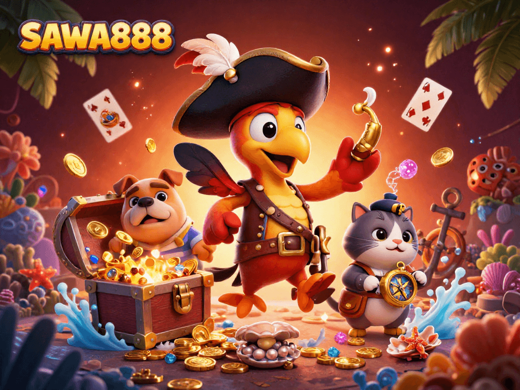 Experience exciting wins with SAWA888, where 3D pirate characters explore a treasure-filled underwater casino world.