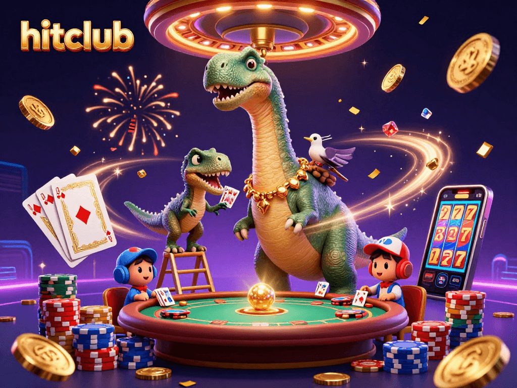 Engage with hitclub's dynamic casino scene featuring a playful brontosaurus and clever raptor.