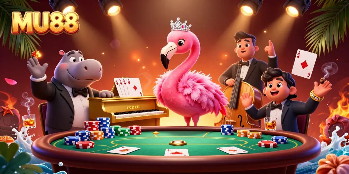 Engage with MU88's exciting gaming experience featuring vibrant casino characters and dynamic poker elements.