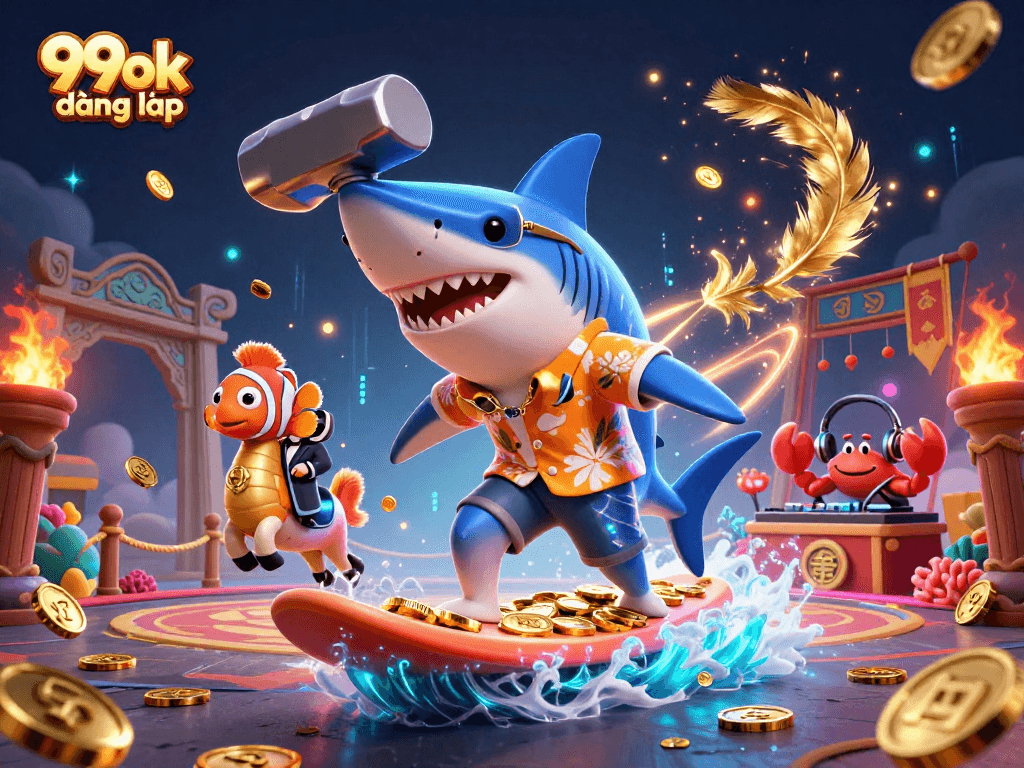 Catch the excitement of 99ok đăng nhập with this vibrant 3D casino illustration featuring sharks and gold coins.