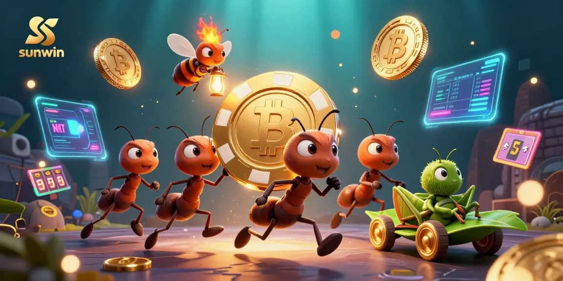 Engage in thrilling heists with sunwin as cartoon ants transport a giant poker chip in a vibrant casino scene.