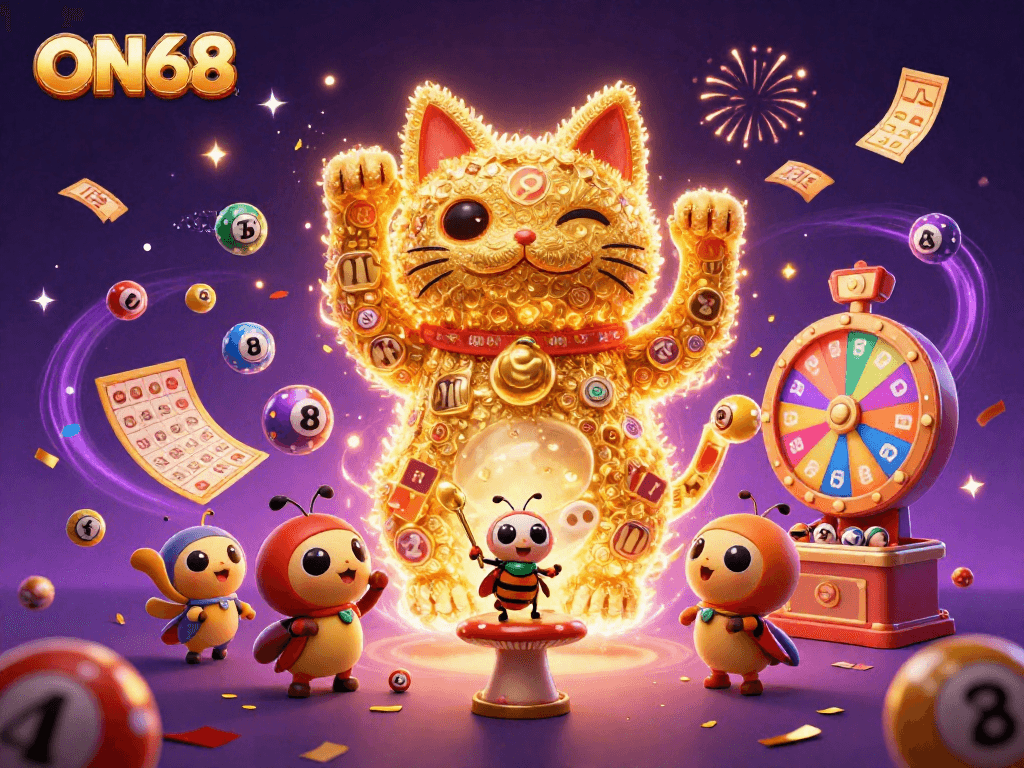 Experience the excitement of ON68 as a giant lucky cat celebrates with casino symbols amid colorful dynamic elements.
