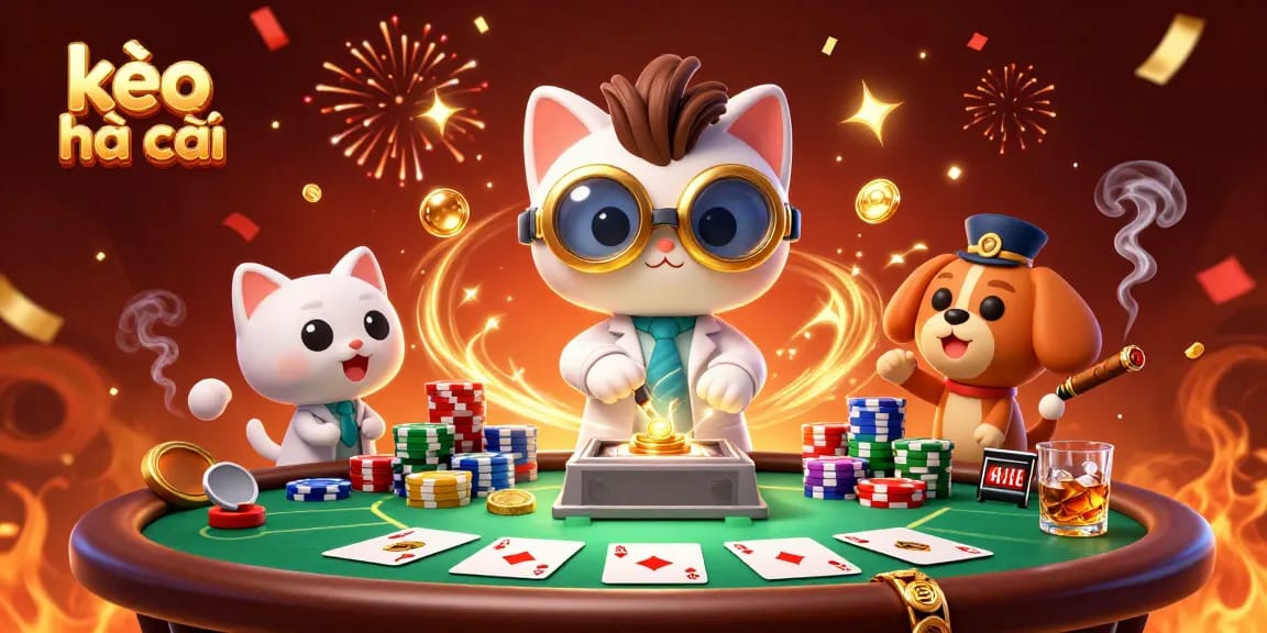 Engage with kèo nhà cái through this vibrant 3D illustration capturing a festive casino atmosphere and poker excitement.