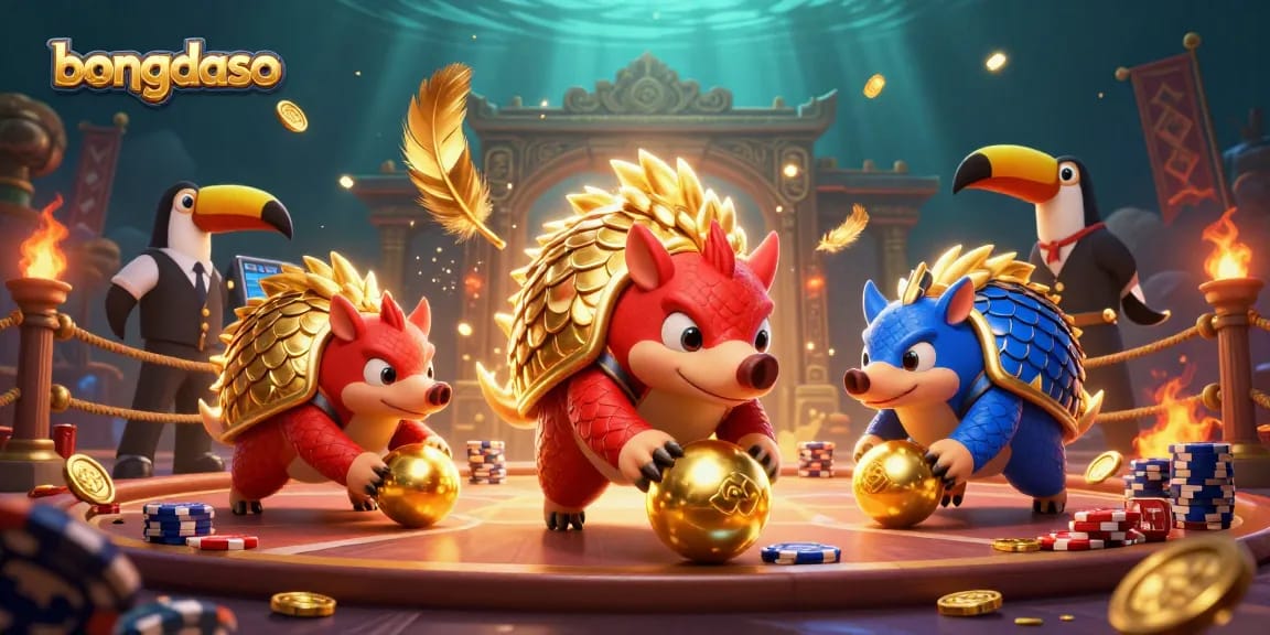 Bongdaso pangolins roll golden balls and poker chips in a vibrant casino scene.