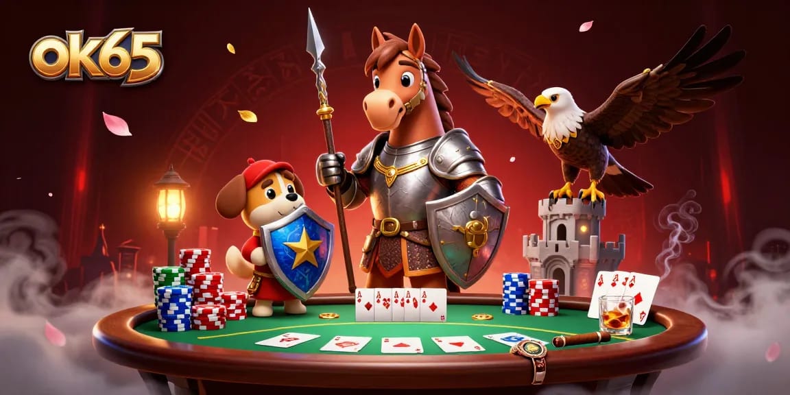 Experience thrilling poker action with ok65 elements, featuring characters, chips, and a casino atmosphere.