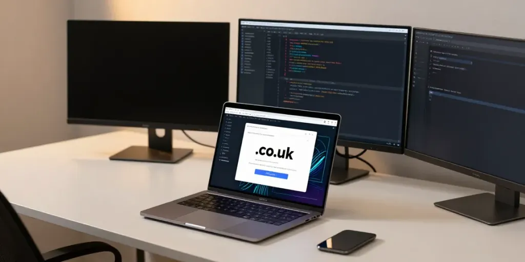 Affordable .co.uk domain registration on a sleek laptop with modern software development tools and analytics.