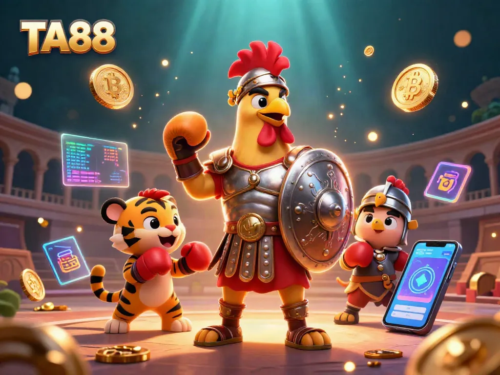 Engage in thrilling TA88 gameplay with a dynamic scene of a rooster gladiator and vibrant crypto symbols.