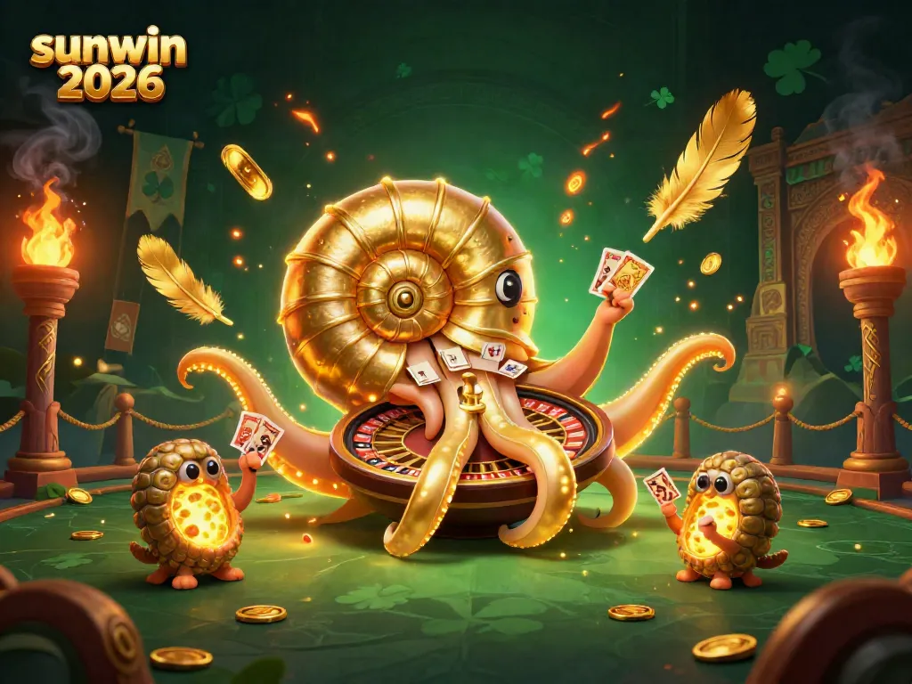 Engage in thrilling gameplay at sunwin 2026 with an ancient giant nautilus and cards amidst a vibrant casino scene.