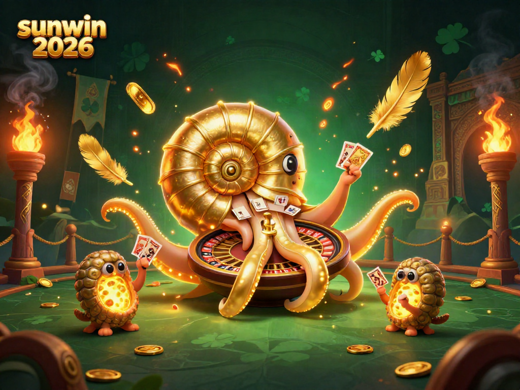 Engage in thrilling gameplay at sunwin 2026 with an ancient giant nautilus and cards amidst a vibrant casino scene.
