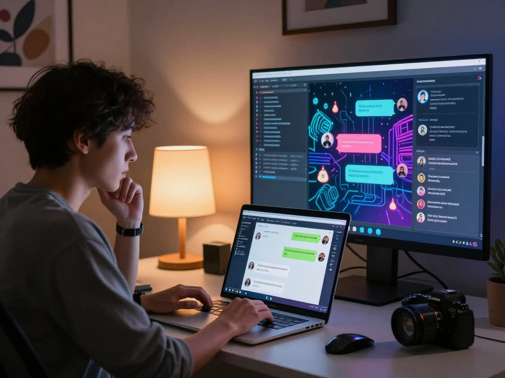 Engaging NSFW AI chat scene featuring person interacting with vibrant chat interface in a tech-savvy workspace.