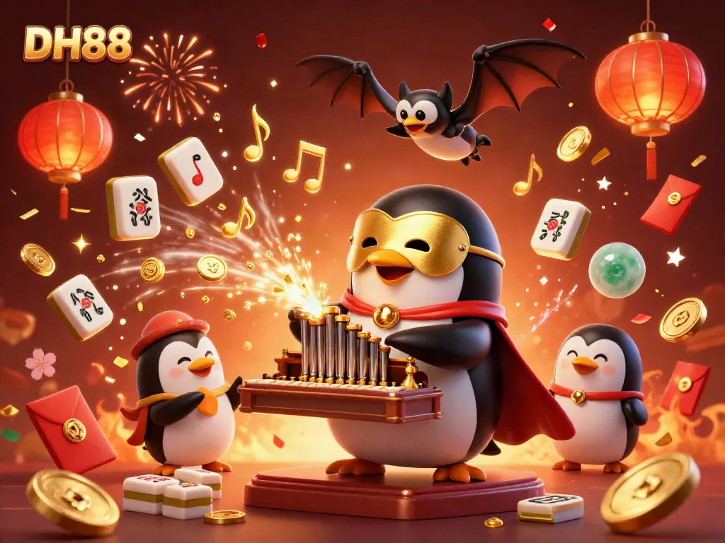 Experience winning at DH88 with a vibrant scene of a gaming penguin, golden coins, and festive elements.