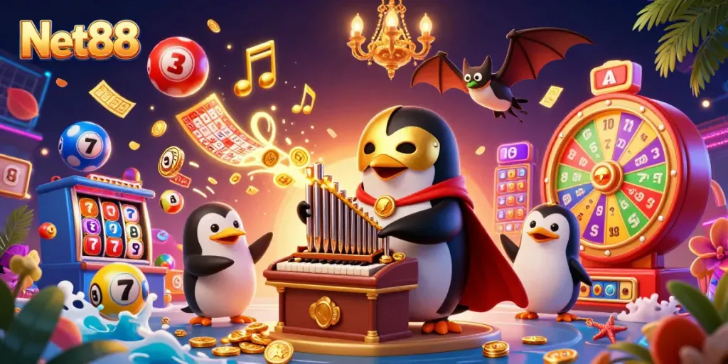 Experience thrilling gameplay at Net88 with vibrant casino elements, golden coins, and colorful lottery balls.