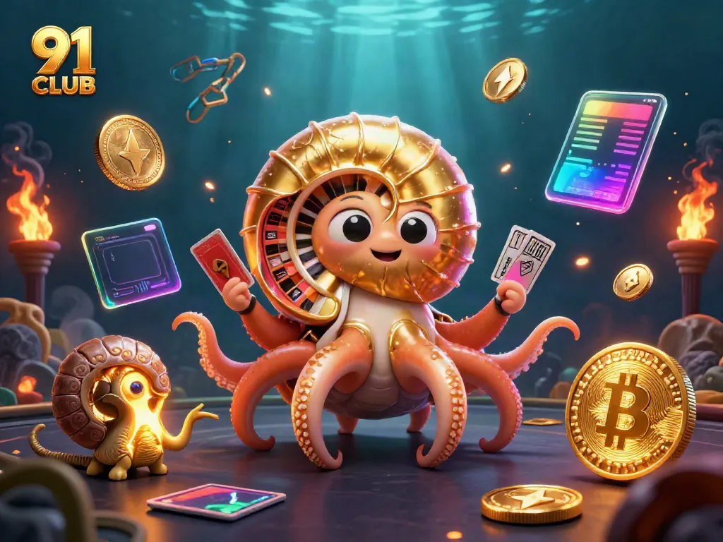 Engage in thrilling gameplay at 91 CLUB with a 3D illustration of a nautilus roulette wheel and glowing crypto elements.