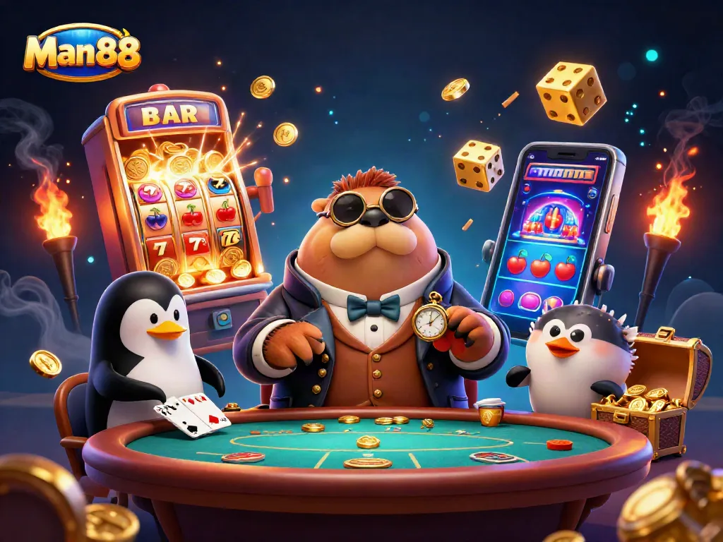 Engage with Man88 as a jolly walrus and friends play poker underwater amidst jackpots and casino thrills.