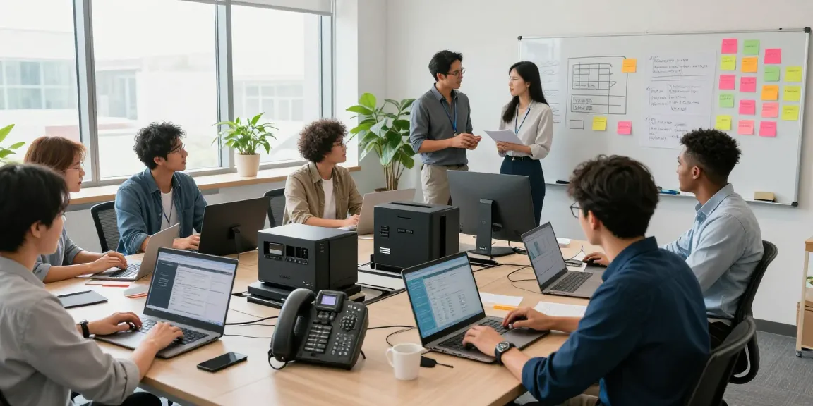 Collaborative team discussing innovative office phone systems in a modern workspace.