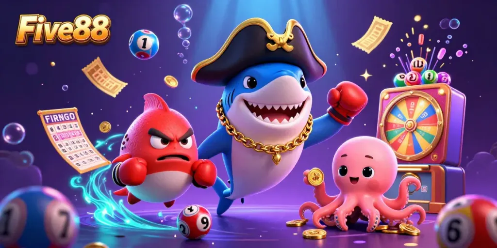 Engage with the exciting gaming world of Five88 featuring a pirate shark, pufferfish, and octopus amidst dynamic lottery elements and glowing effects.
