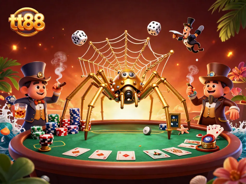 Experience exciting play at tt88 with a dynamic 3D illustration featuring gaming and casino elements.
