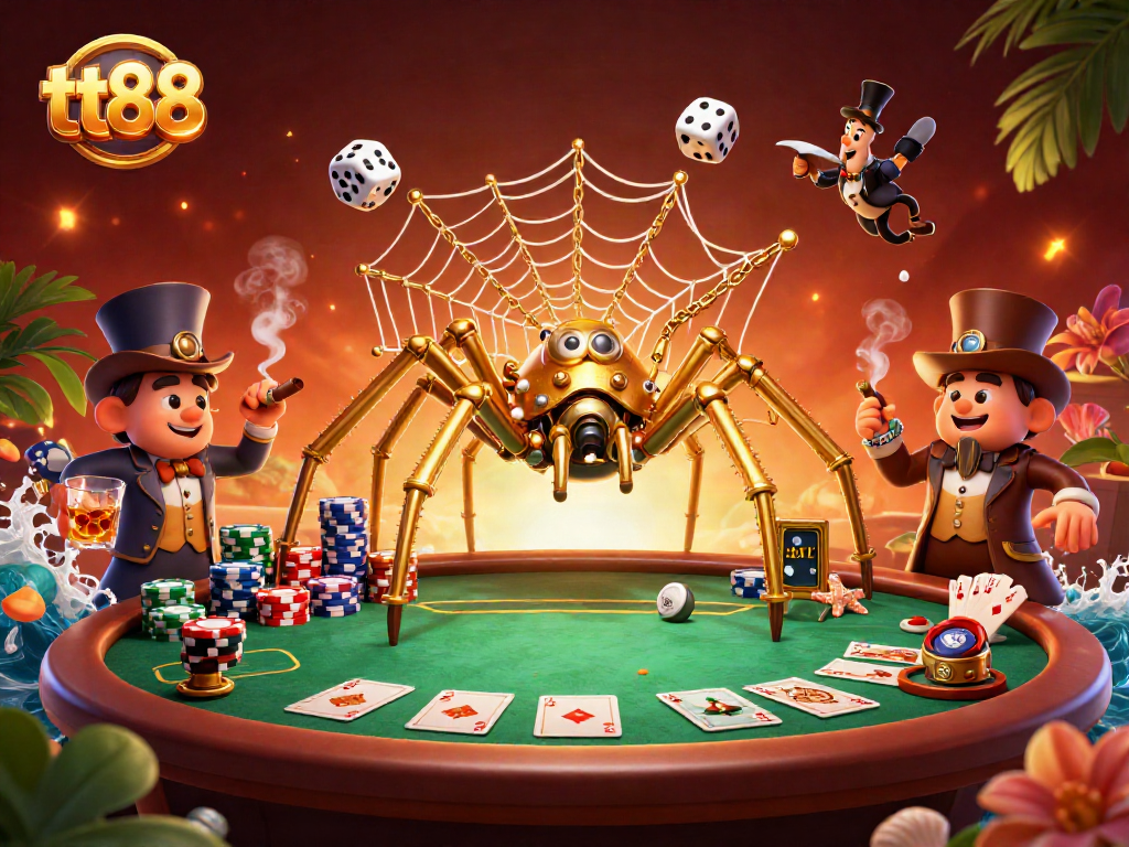 Experience exciting play at tt88 with a dynamic 3D illustration featuring gaming and casino elements.