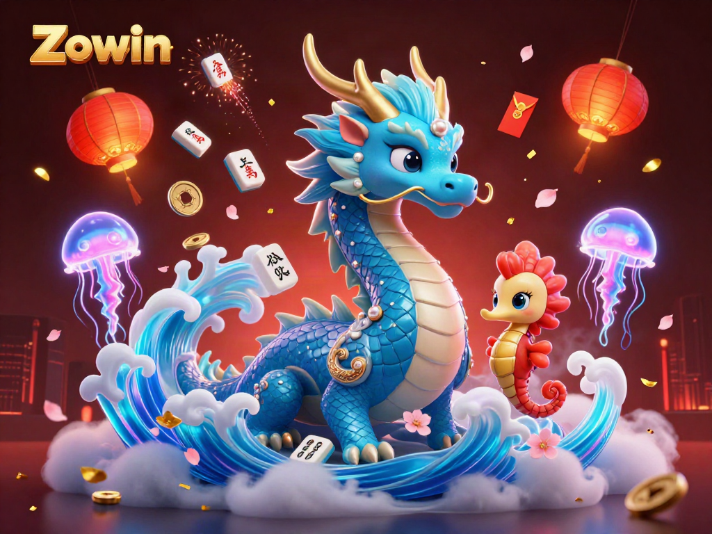 Zowin features a majestic azure water dragon and seahorse knight in a vibrant casino-themed illustration.