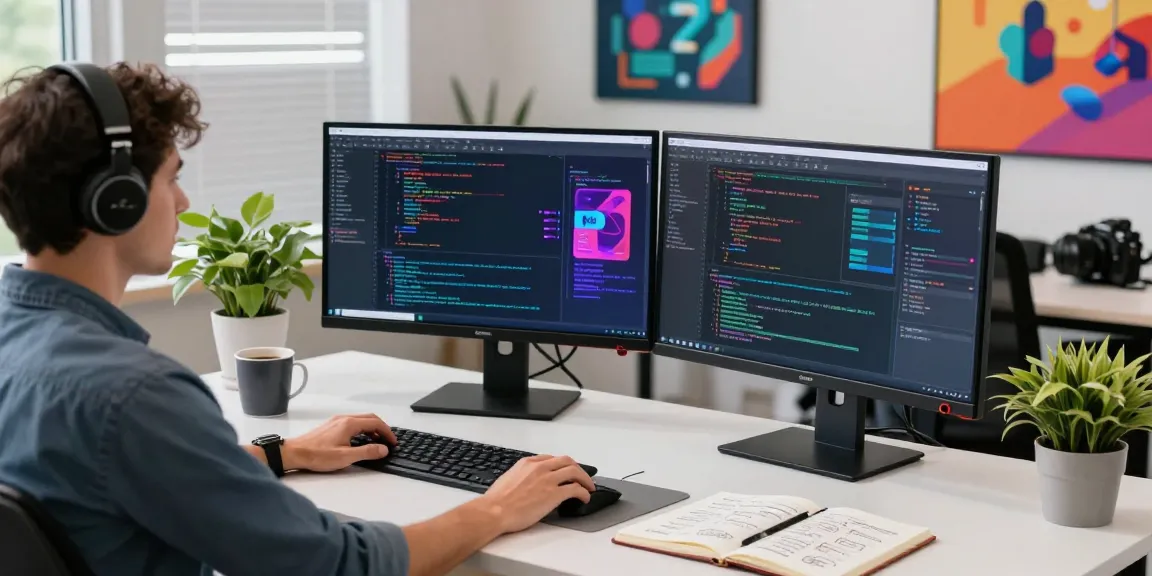 Juicy AI developer coding in a modern workspace with dual monitors and vibrant graphics.