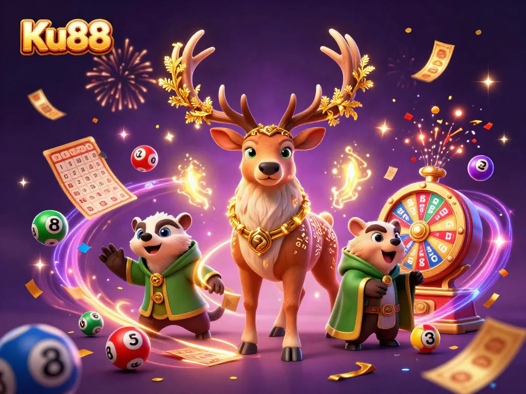 Engage with Ku88's vibrant casino environment featuring lottery balls and festive elements.