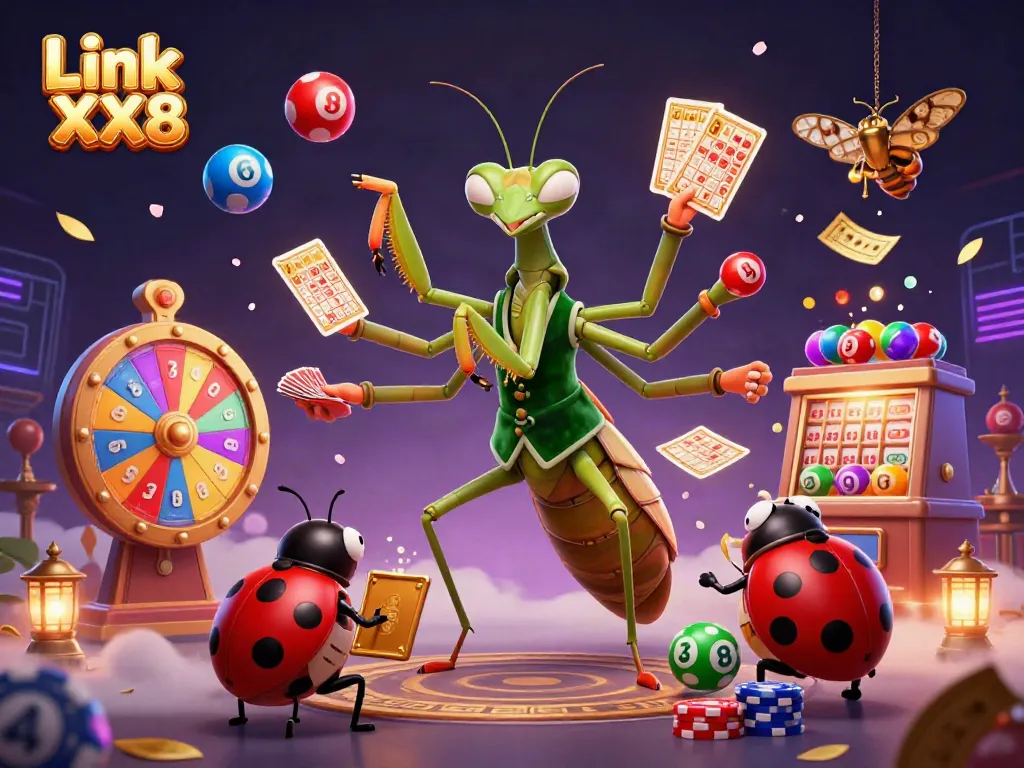 Link XX8 showcases a lively casino scene with a cartoon mantis card sharp, lottery elements, and vibrant atmosphere.